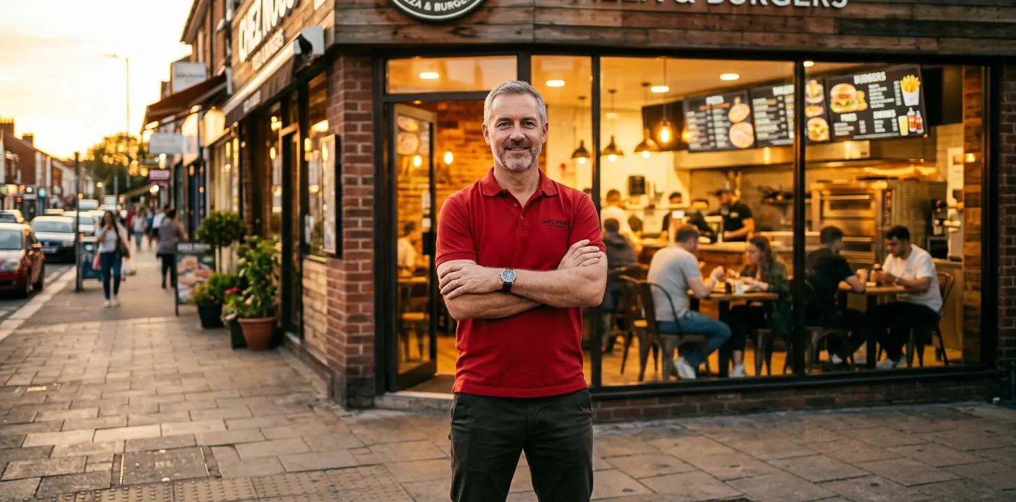 Franchise-Partner im roten Poloshirt steht mit verschränkten Armen vor seiner Filiale