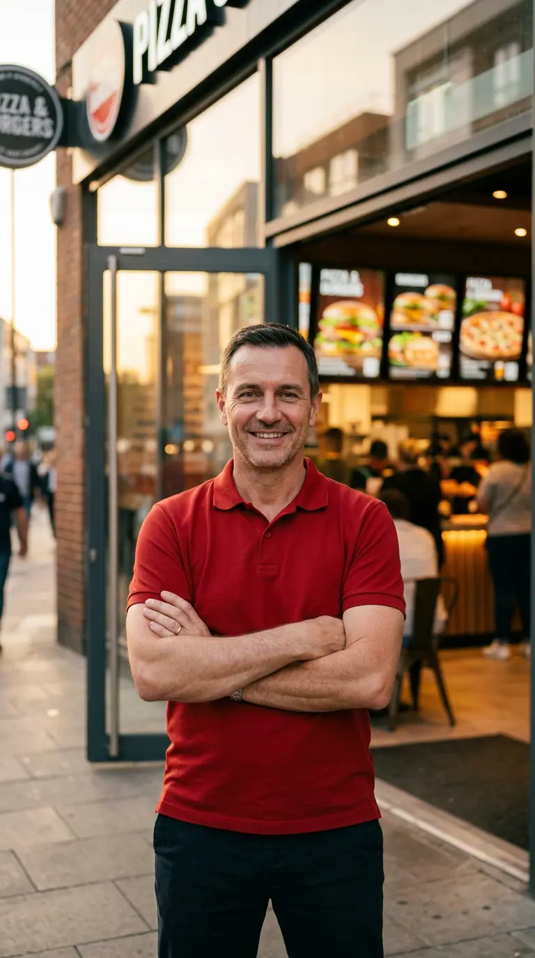 Franchise-Partner in rotem Poloshirt steht mit verschränkten Armen vor seiner Filiale