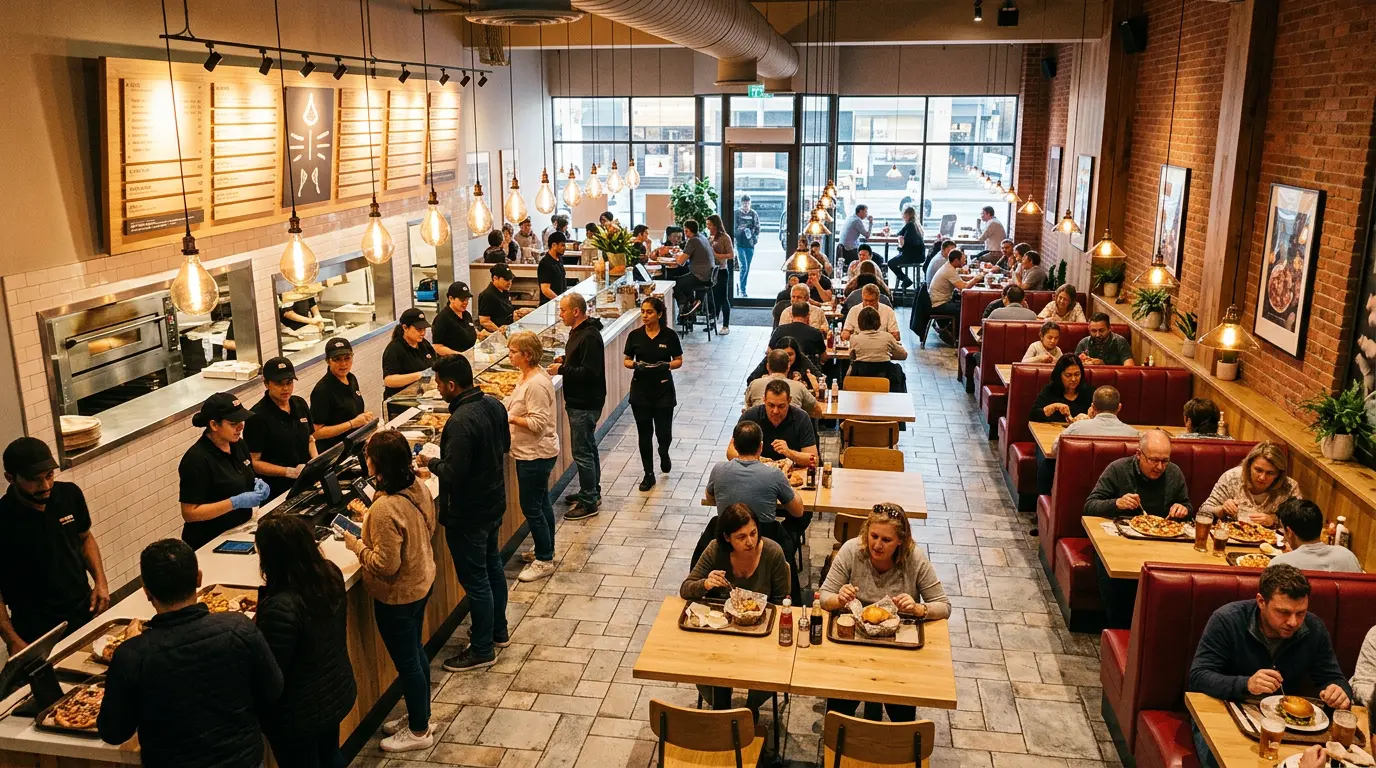 Gäste sitzen in den roten Sitznischen eines Pizza & Burger Bulls Restaurants